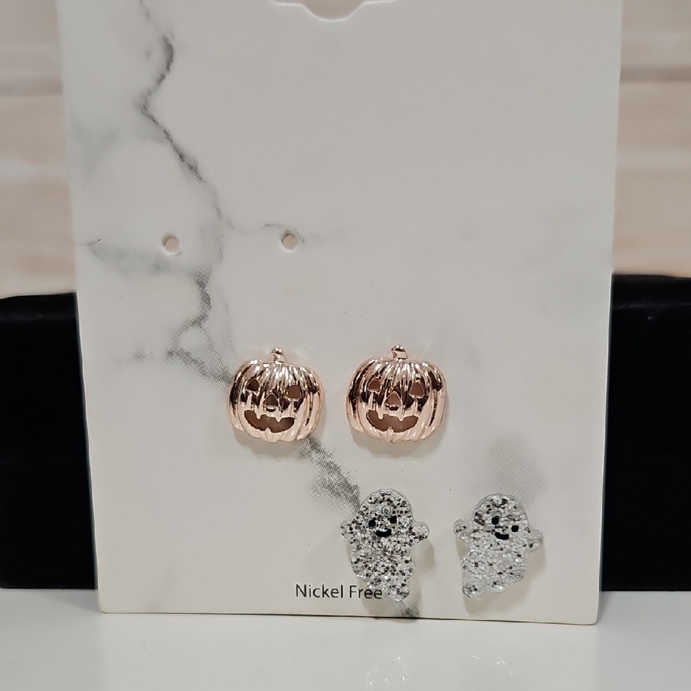 💟 Rose Gold and Silver Pumpkin Ghost Earring Studs Nickle Free